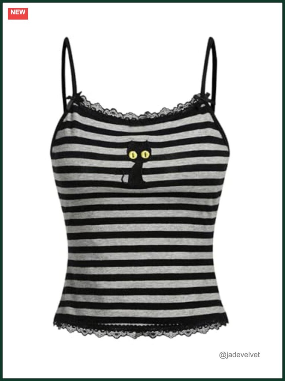 Y2K Lace Striped Cami Crop Top with Cat Embroidery Sleeveless Summer
